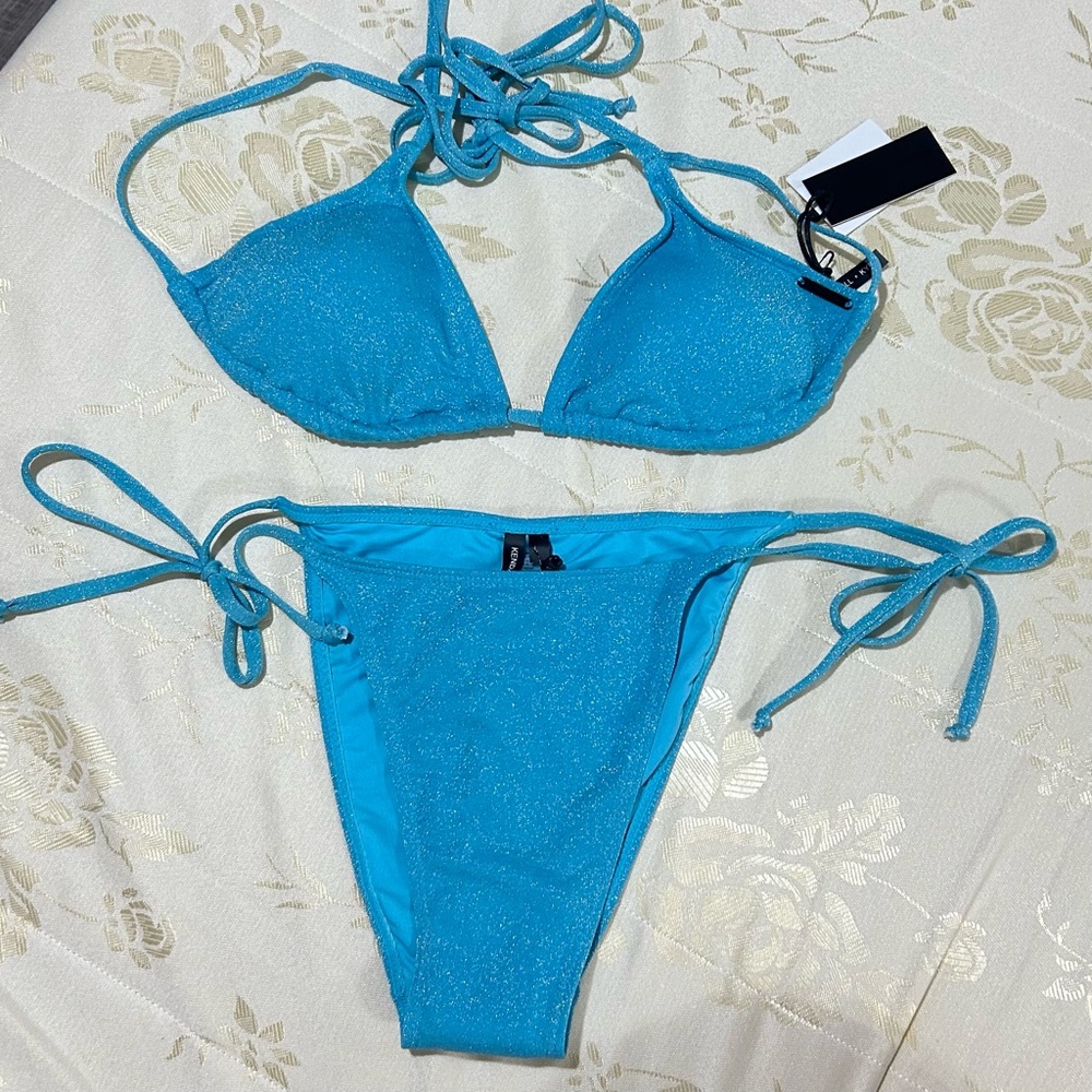 Kendall & Kylie Blue Sparkly Triangle Cup Side Tie Bikini Set Size L